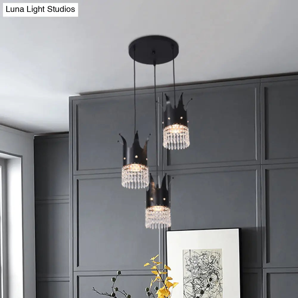 Modern Black Crown Island Lighting With Crystal Droplets - 3 Bulbs Metal Multi Hanging Lamp Kit /