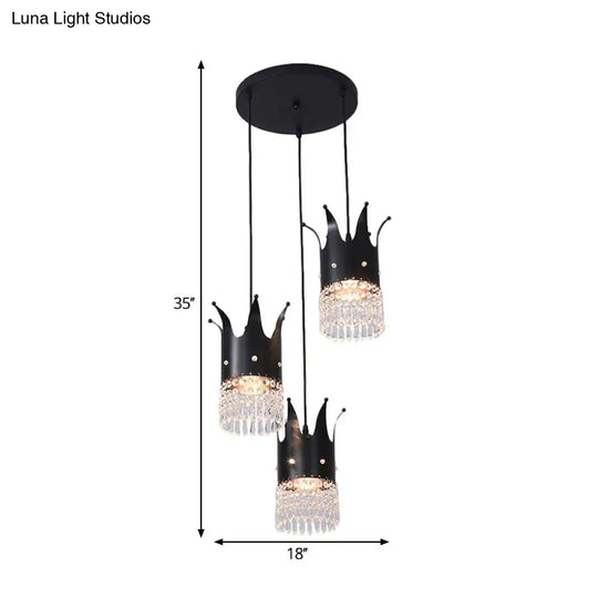 Modern Black Crown Island Lighting With Crystal Droplets - 3 Bulbs Metal Multi Hanging Lamp Kit