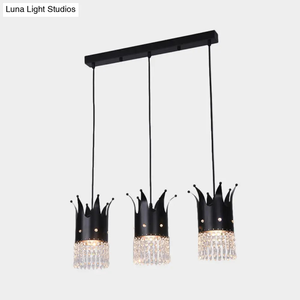 Modern Black Crystal Droplet Crown Island Lighting Kit - 3 Bulbs Linear/Round Canopy Multi Hanging