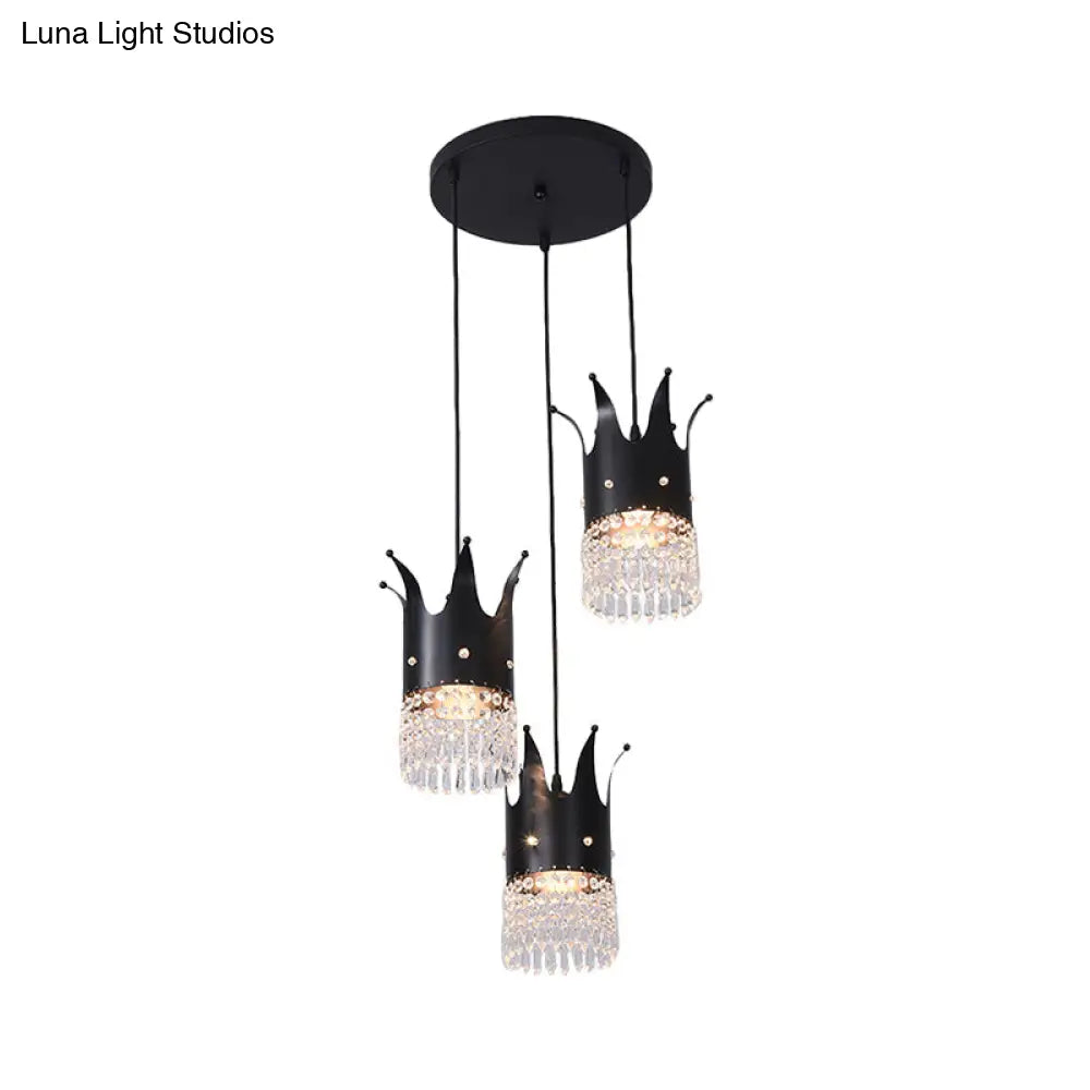 Modern Black Crystal Droplet Crown Island Lighting Kit - 3 Bulbs Linear/Round Canopy Multi Hanging