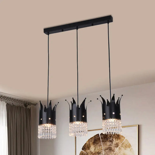 Modern Black Crystal Droplet Crown Island Lighting Kit - 3 Bulbs Linear/Round Canopy Multi Hanging