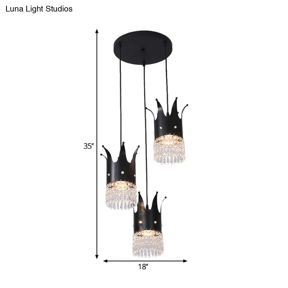 Modern Black Crystal Droplet Crown Island Lighting Kit - 3 Bulbs Linear/Round Canopy Multi Hanging