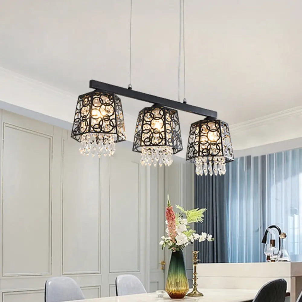 Modern Black Crystal Droplet Pendant Light Fixture With 3 Hanging Heads - Ironic Shade