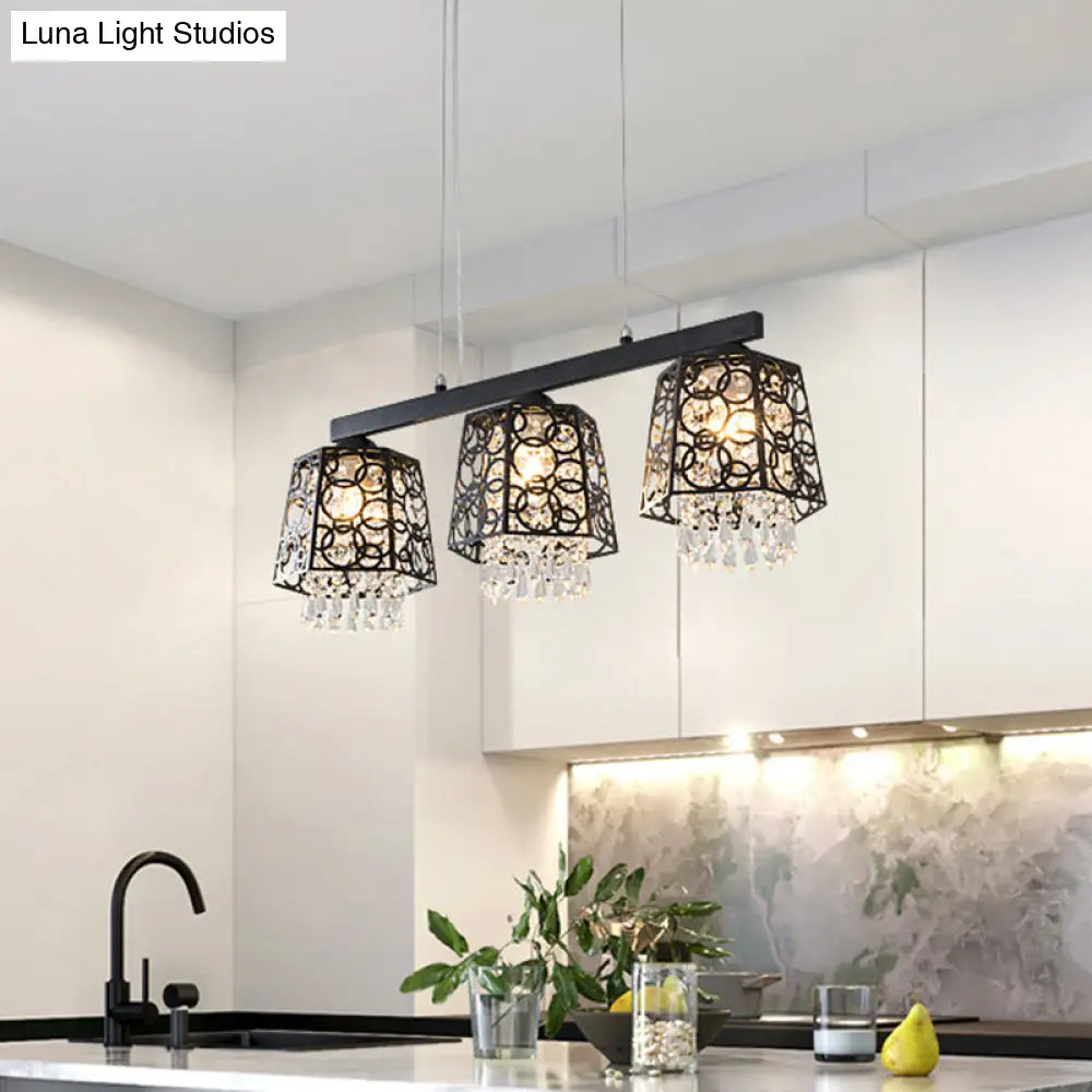 Modern Black Crystal Droplet Pendant Light Fixture With 3 Hanging Heads - Ironic Shade