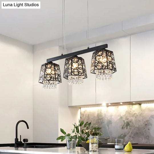 Modern Black Crystal Droplet Pendant Light Fixture With 3 Hanging Heads - Ironic Shade