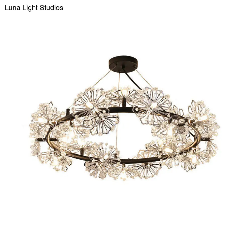 Black Crystal Pendant Light Fixture: 15-Head Flower Circle Chandelier For Modern Living Rooms