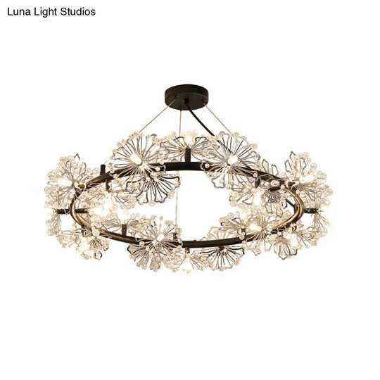 Black Crystal Pendant Light Fixture: 15-Head Flower Circle Chandelier For Modern Living Rooms