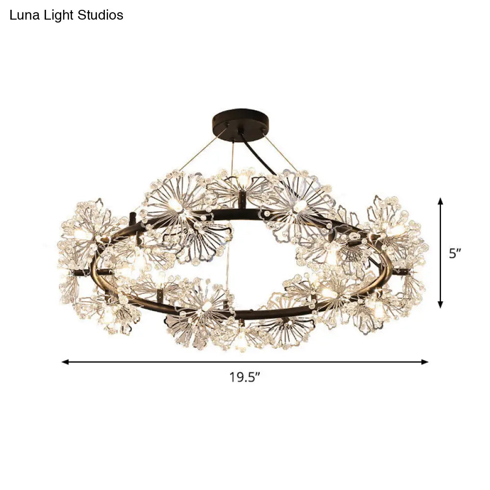 Black Crystal Pendant Light Fixture: 15-Head Flower Circle Chandelier For Modern Living Rooms