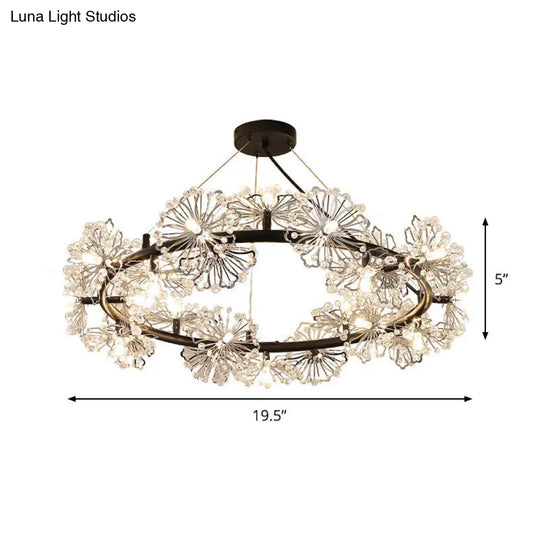 Black Crystal Pendant Light Fixture: 15-Head Flower Circle Chandelier For Modern Living Rooms