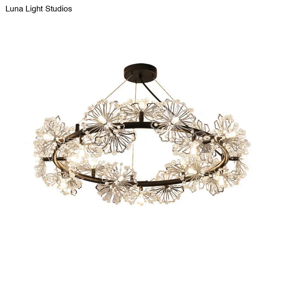 Modern Black Crystal Flower Circle Chandelier Pendant Light For Living Room - 15 Heads