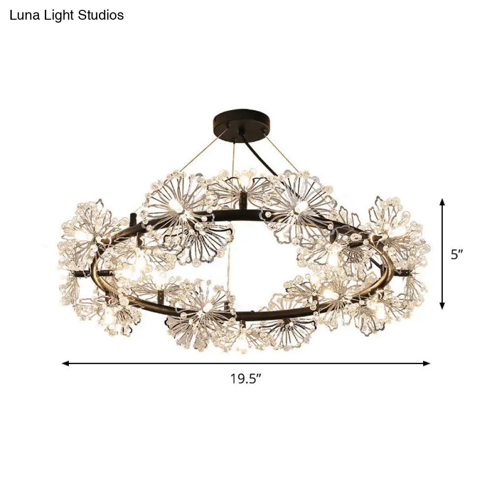 Modern Black Crystal Flower Circle Chandelier Pendant Light For Living Room - 15 Heads