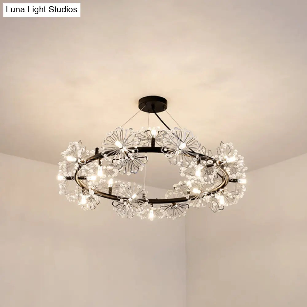 Modern Black Crystal Flower Circle Chandelier Pendant Light For Living Room - 15 Heads