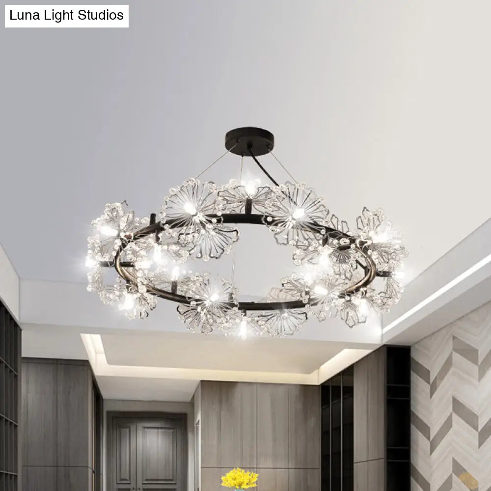 Black Crystal Pendant Light Fixture: 15-Head Flower Circle Chandelier For Modern Living Rooms