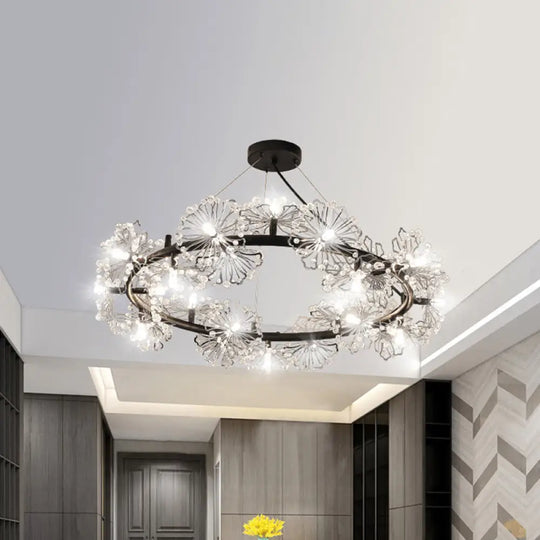 Modern Black Crystal Flower Circle Chandelier Pendant Light For Living Room - 15 Heads