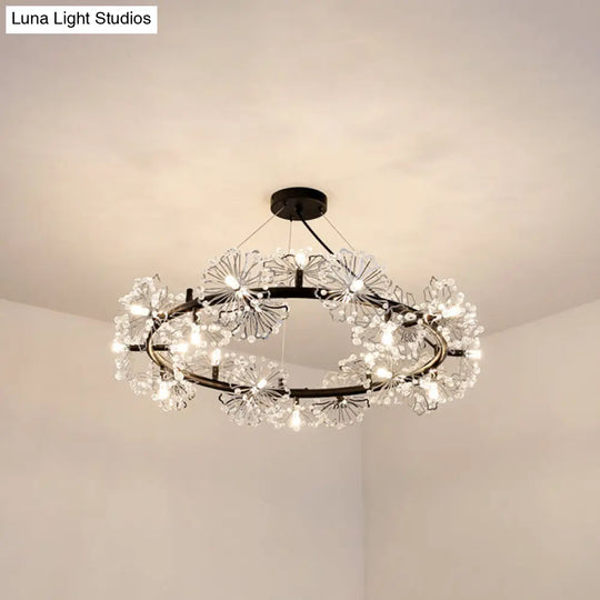 Black Crystal Pendant Light Fixture: 15-Head Flower Circle Chandelier For Modern Living Rooms