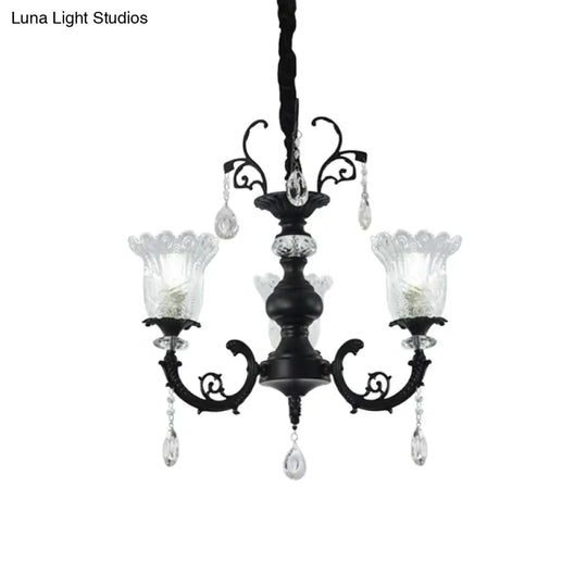 Modern Black Crystal Glass Chandelier Lamp With Flower Design - 3-Light Suspension For Bedroom