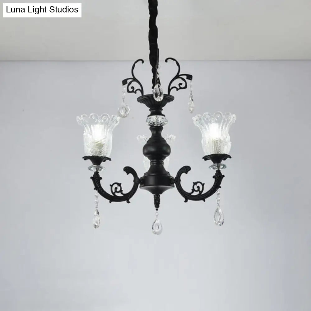 Modern Black Crystal Glass Chandelier Lamp With Flower Design - 3-Light Suspension For Bedroom