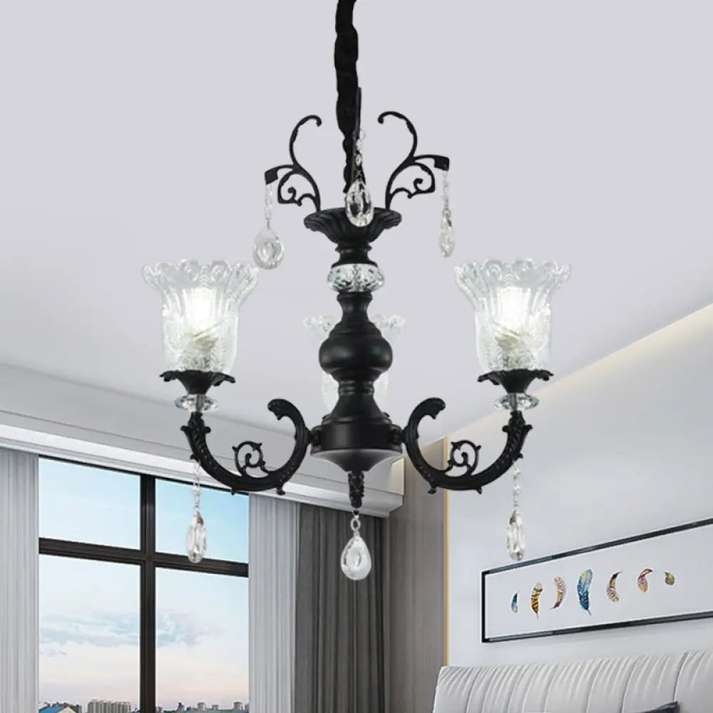 Modern Black Crystal Glass Chandelier Lamp With Flower Design - 3-Light Suspension For Bedroom