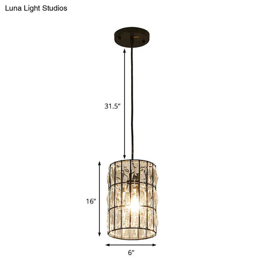 Clear Crystal 1-Light Modern Black Pendant Lamp - Stylish Cylindrical Suspended Light For Living