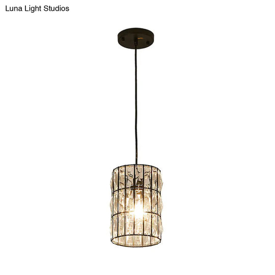 Clear Crystal 1-Light Modern Black Pendant Lamp - Stylish Cylindrical Suspended Light For Living