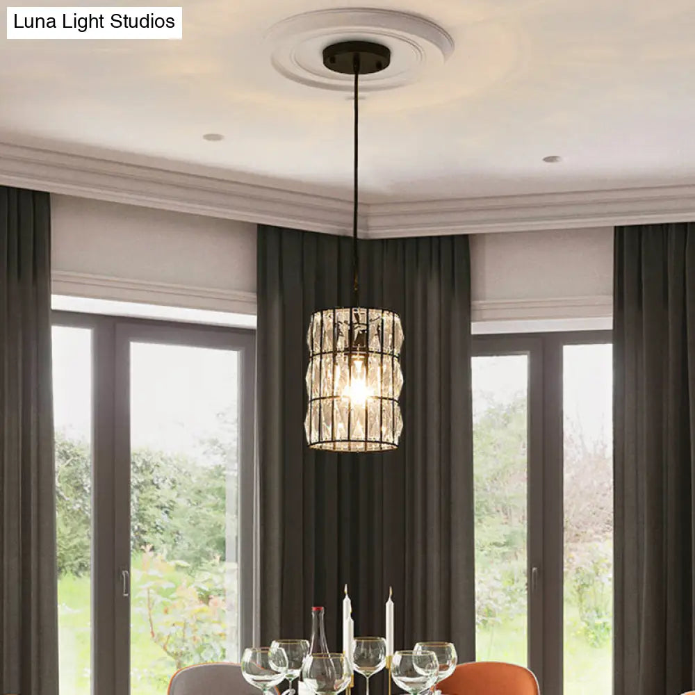 Clear Crystal 1-Light Modern Black Pendant Lamp - Stylish Cylindrical Suspended Light For Living