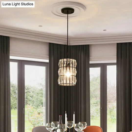 Clear Crystal 1-Light Modern Black Pendant Lamp - Stylish Cylindrical Suspended Light For Living