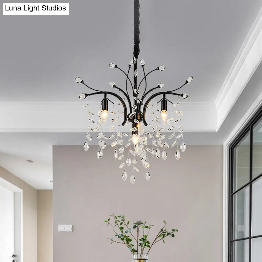 Modern Black Crystal Pendant Light Kit - Beveled Branch Design 4 Bulbs Elegant Candle Chandelier