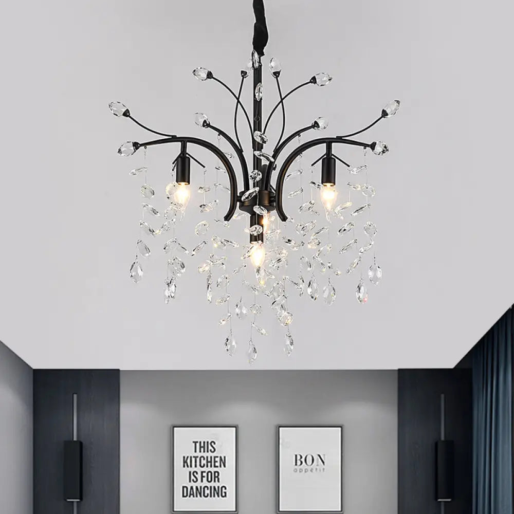 Modern Black Crystal Pendant Light Kit - Beveled Branch Design 4 Bulbs Elegant Candle Chandelier