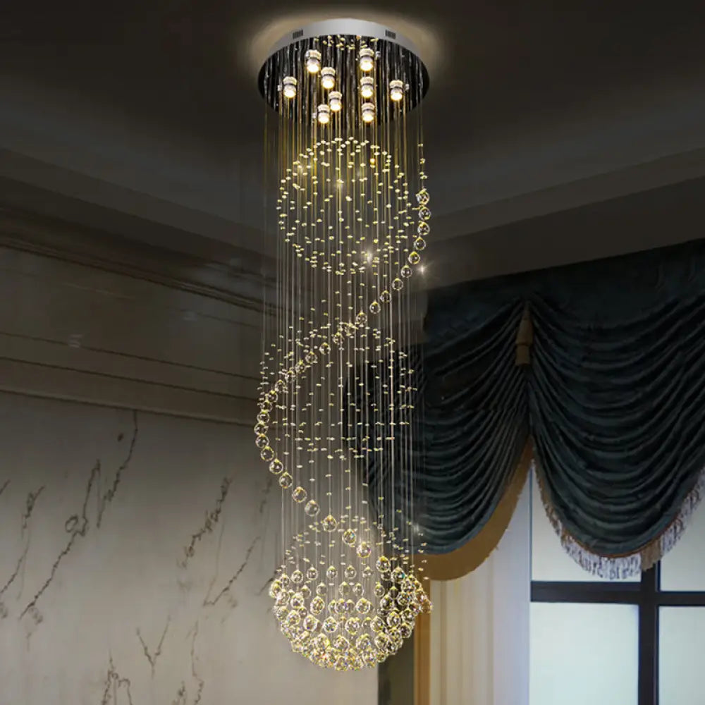 Modern Black Crystal Pendant With Clear Orbs And Rods - 9-Bulb Led Ceiling Fixture For Staircase