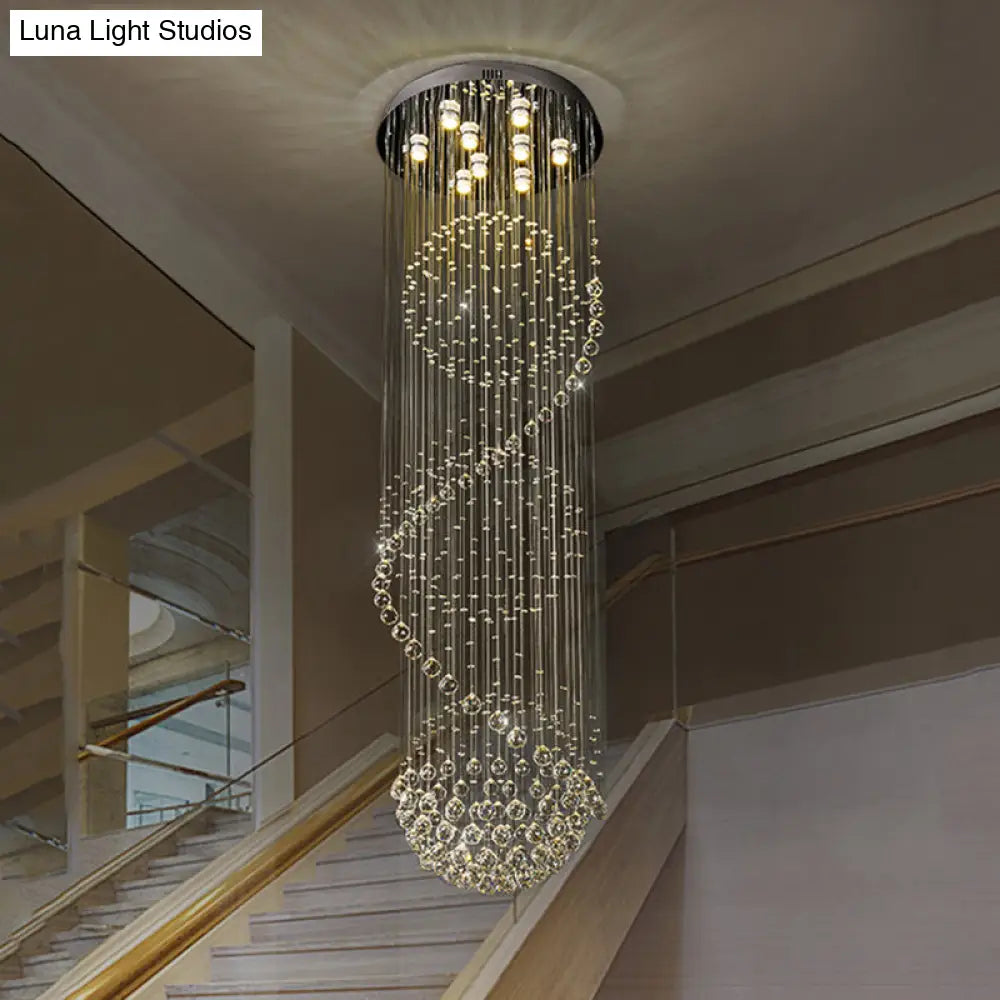 Modern Black Crystal Pendant With Clear Orbs And Rods - 9-Bulb Led Ceiling Fixture For Staircase