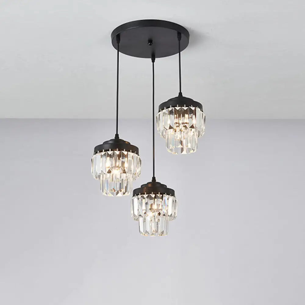 Modern Black Crystal Prism Pendant Lamp With 3 Heads And 2-Tier Cluster - Round/Linear Canopy /