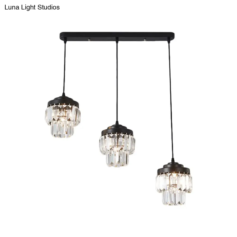 Contemporary 3-Head 2-Tier Cluster Pendant In Black With Clear Crystal Prism Accents - Modern