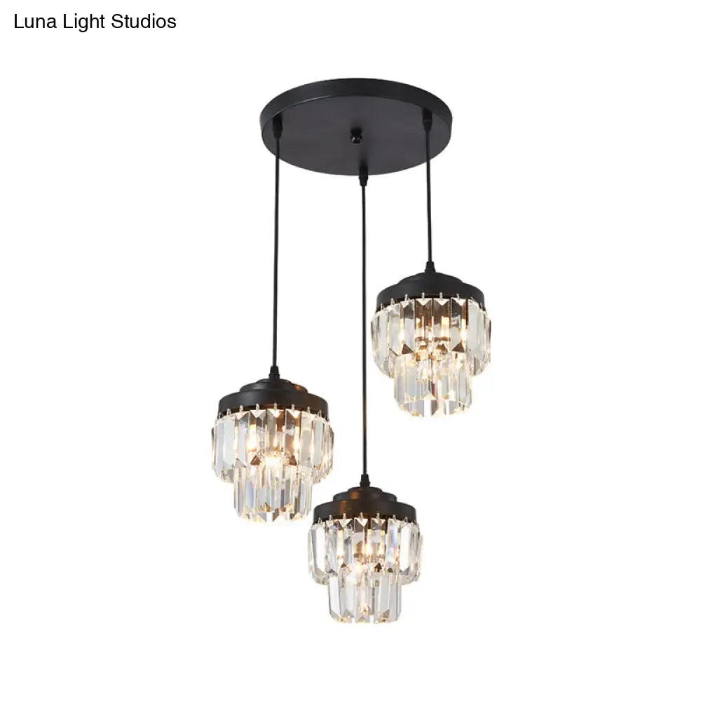 Modern Black Crystal Prism Pendant Lamp With 3 Heads And 2-Tier Cluster - Round/Linear Canopy