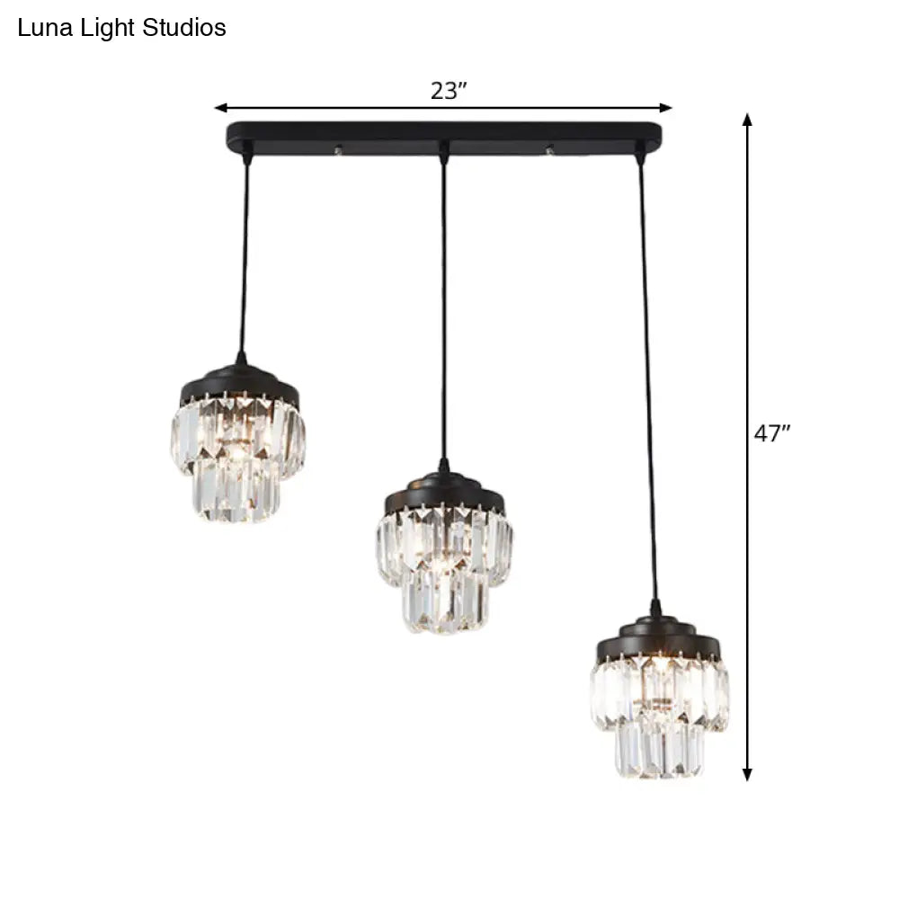 Modern Black Crystal Prism Pendant Lamp With 3 Heads And 2-Tier Cluster - Round/Linear Canopy