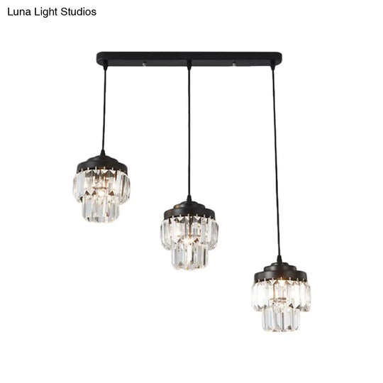 Modern Black Crystal Prism Pendant Lamp With 3 Heads And 2-Tier Cluster - Round/Linear Canopy