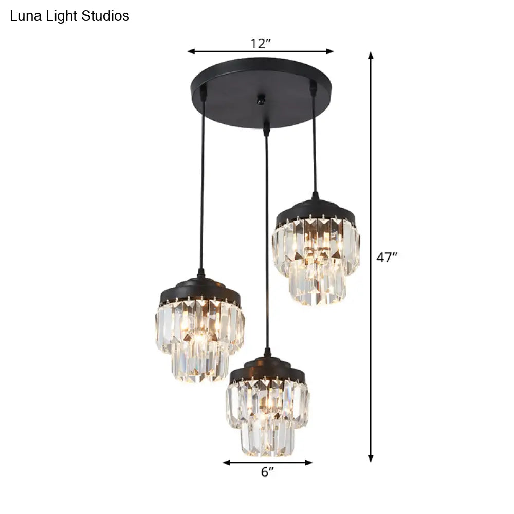 Modern Black Crystal Prism Pendant Lamp With 3 Heads And 2-Tier Cluster - Round/Linear Canopy