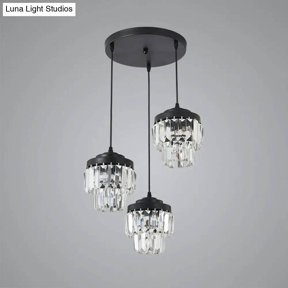 Contemporary 3-Head 2-Tier Cluster Pendant In Black With Clear Crystal Prism Accents - Modern