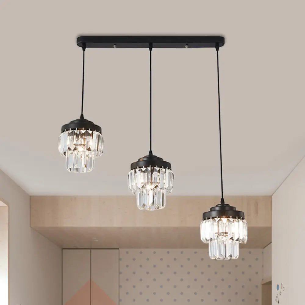 Modern Black Crystal Prism Pendant Lamp With 3 Heads And 2-Tier Cluster - Round/Linear Canopy /