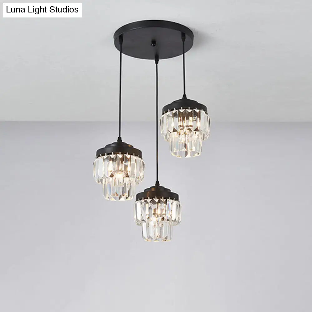 Contemporary 3-Head 2-Tier Cluster Pendant In Black With Clear Crystal Prism Accents - Modern