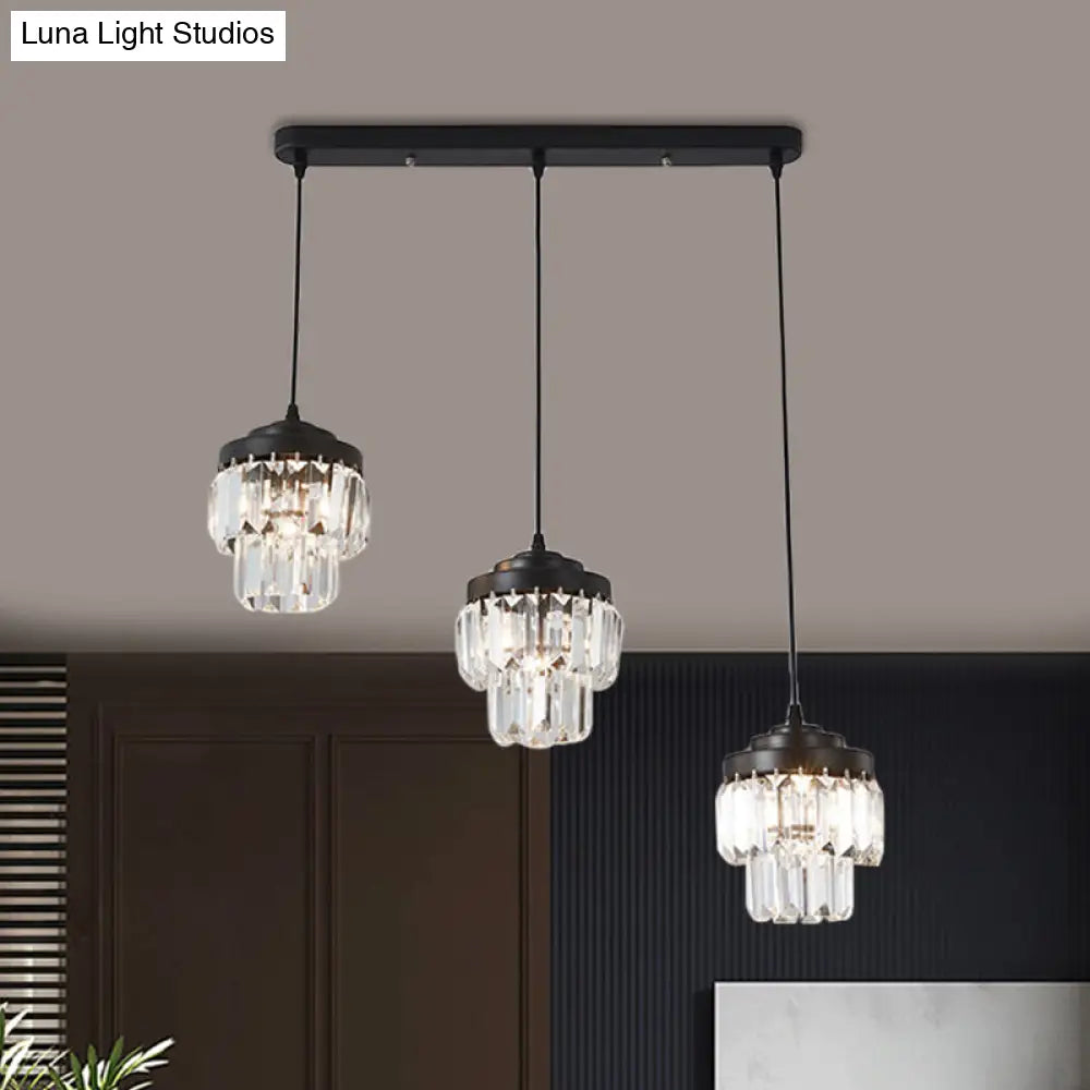 Modern Black Crystal Prism Pendant Lamp With 3 Heads And 2-Tier Cluster - Round/Linear Canopy