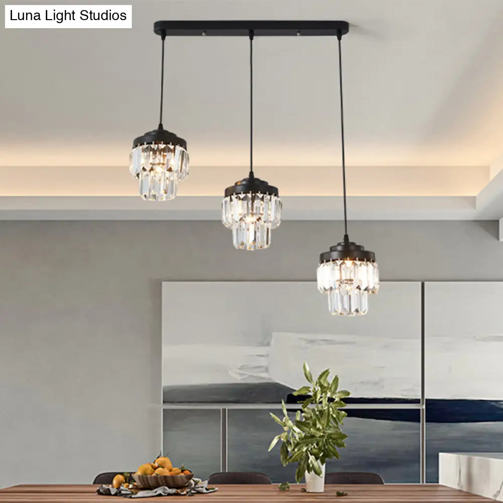 Modern Black Crystal Prism Pendant Lamp With 3 Heads And 2-Tier Cluster - Round/Linear Canopy
