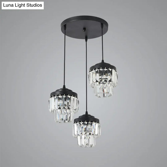 Modern Black Crystal Prism Pendant Lamp With 3 Heads And 2-Tier Cluster - Round/Linear Canopy