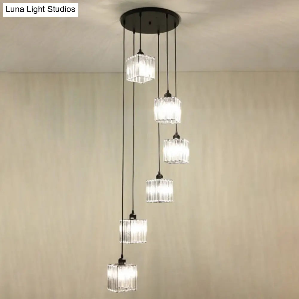 Modern Black Crystal Spiral Cube Pendant Light - 6 Bulbs Multi Light Hanging Fixture Black