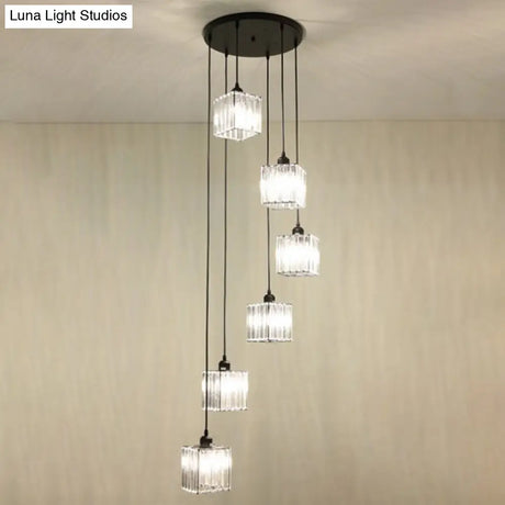 Modern Black Crystal Spiral Cube Pendant Light - 6 Bulbs Multi Light Hanging Fixture Black