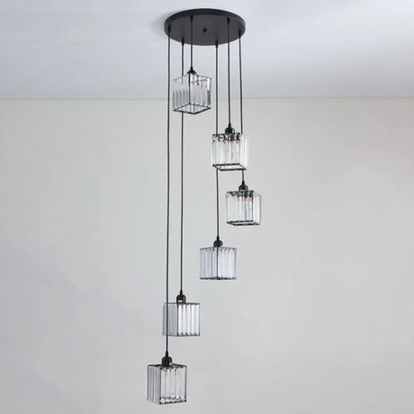 Modern Black Crystal Spiral Cube Pendant Light - 6 Bulbs Multi Light Hanging Fixture Black