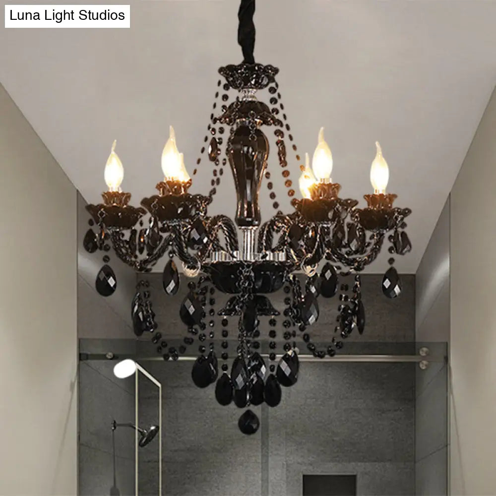 Modern Black Crystal Swag Chandelier With 6 Bulbs - Elegant Candelabra Ceiling Suspension Lamp