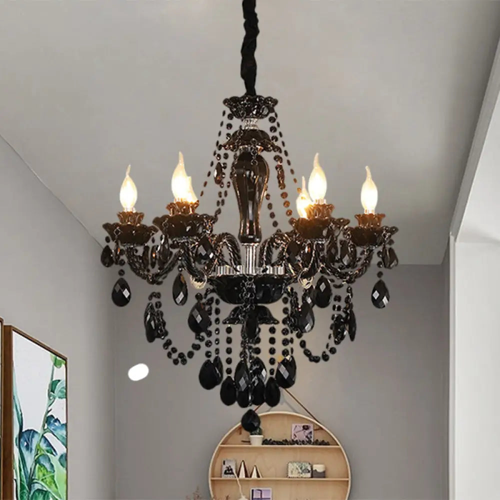 Modern Black Crystal Swag Chandelier With 6 Bulbs - Elegant Candelabra Ceiling Suspension Lamp