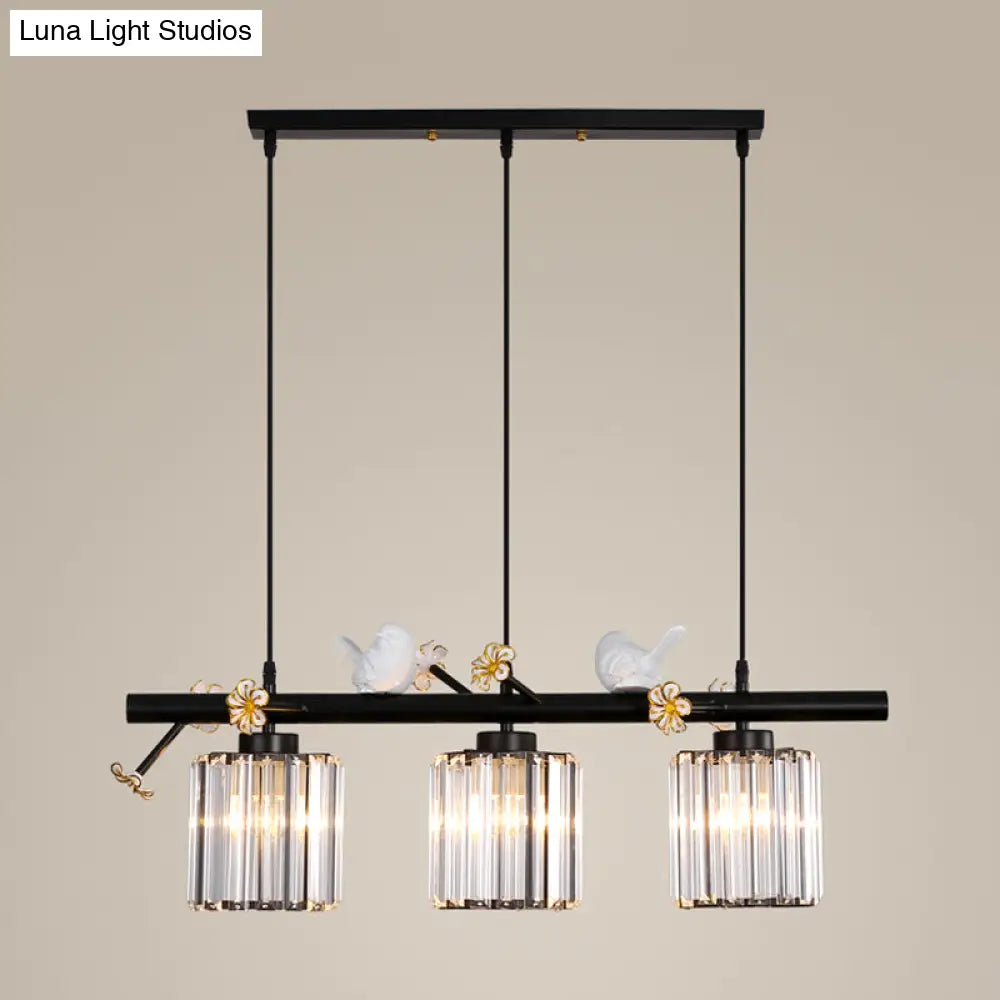 Modern Black Cylinder Island Light Pendant With Crystal Accents - 3 Lights