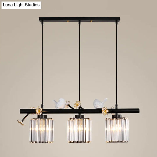 Modern Black Cylinder Island Light Pendant With Crystal Accents - 3 Lights