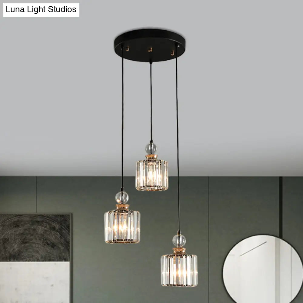 Modern Black Cylinder Pendant Lamp Kit With Crystal Prisms Shade - 1/3-Head Ceiling